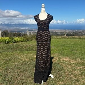MIUSOL Black Beige Long Lace Maxi Dress Zipper Nude Illusion Travel Stretchy
